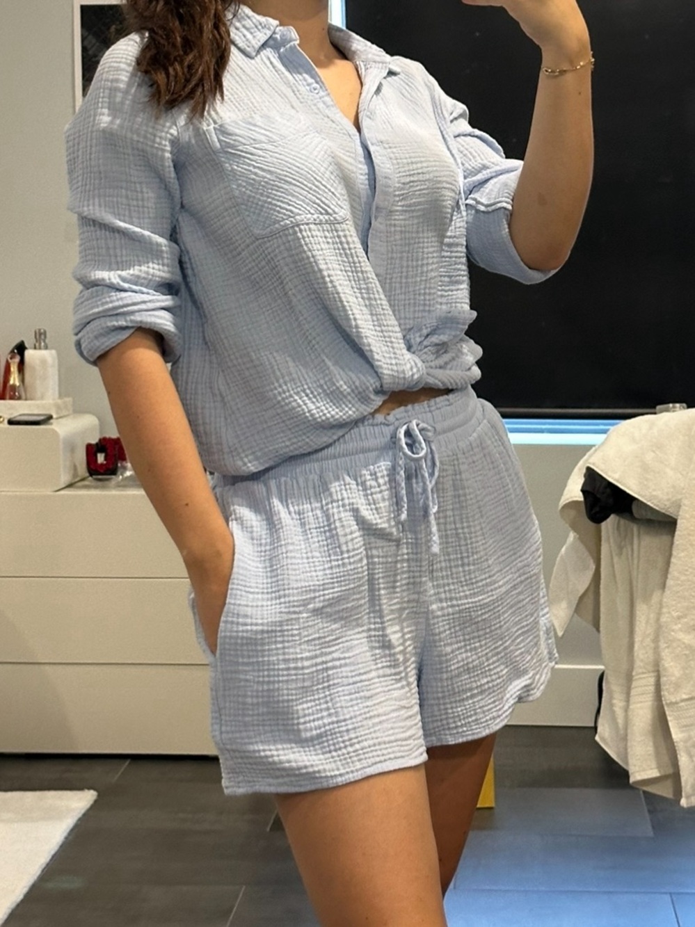 Express Light Blue Cotton Gauze Lounge Shirt & Shorts Set